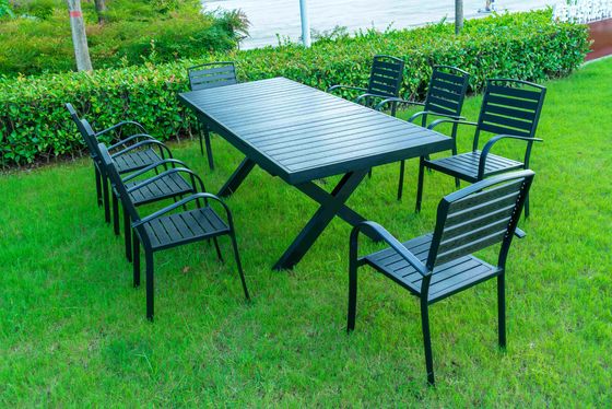 9 Pieces Black Plastic Wood Modern Outdoor Garden Furniture Table Set 8-10 Seater Extendable Patio Dining Table Chairs